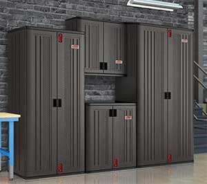 Black Suncast Heavy Duty Resin Garage Cabinets - Upper, Base and Tall Matching Cabinets