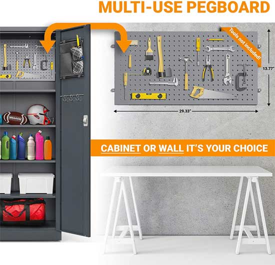 Tall Metal Garage Cabinet with Pegboard