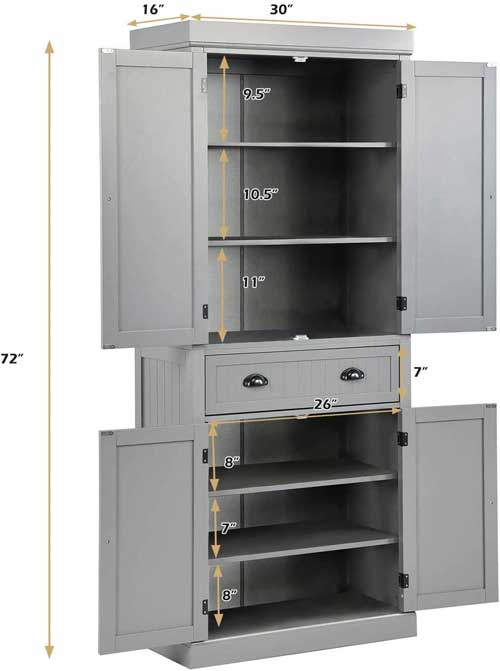Freestanding Wooden pantry Dimensions, Including Shelve and Drawer