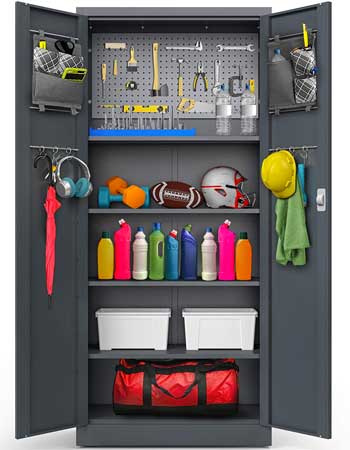 Tall Metal Garage Utility cabinet with Removable Pegboard, Door Hooks and Storage Pocket Organizers
