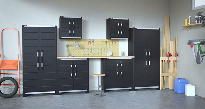 6-Piece Keter Garage Cabinet Package, Shown with Tool Pegboard, Wood Workbench Top and Stool
