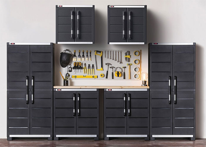 Keter Tool Storage Cabinets Along Wall in Garage