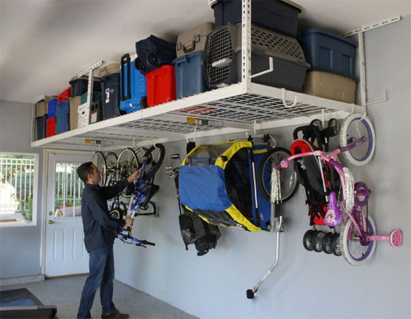 Garage Overhead Storage System with Racks and Hooks
